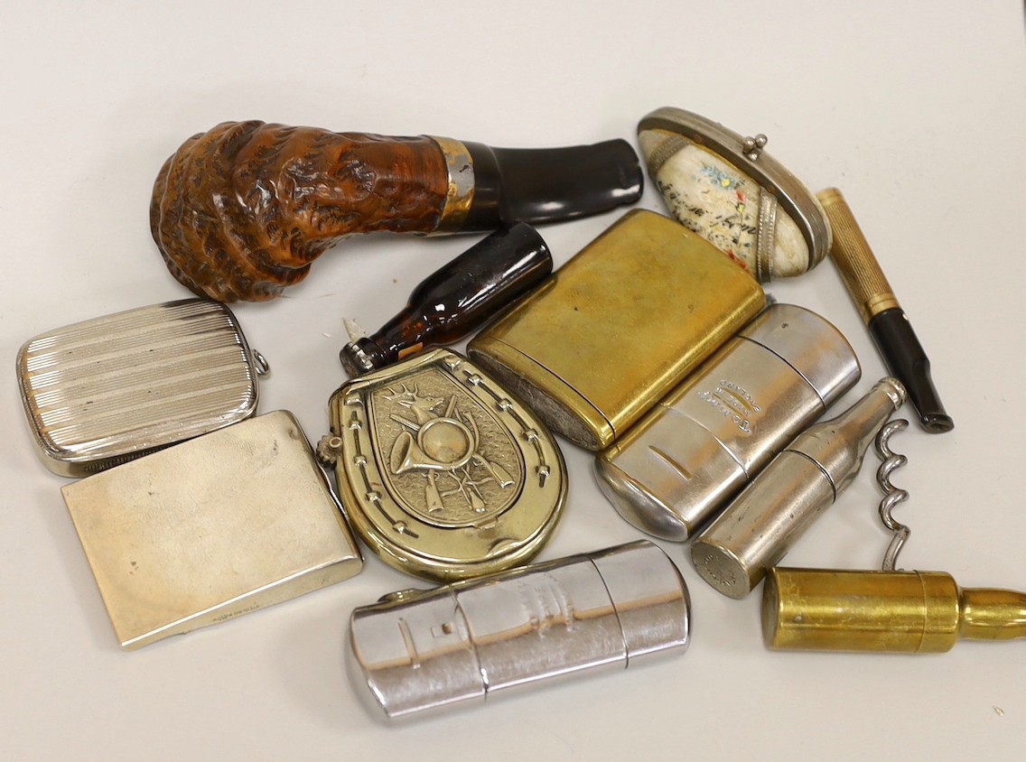 A 9ct gold cheroot holder together with a yellow metal mounted smokers pipe, various lighters and bottle openers